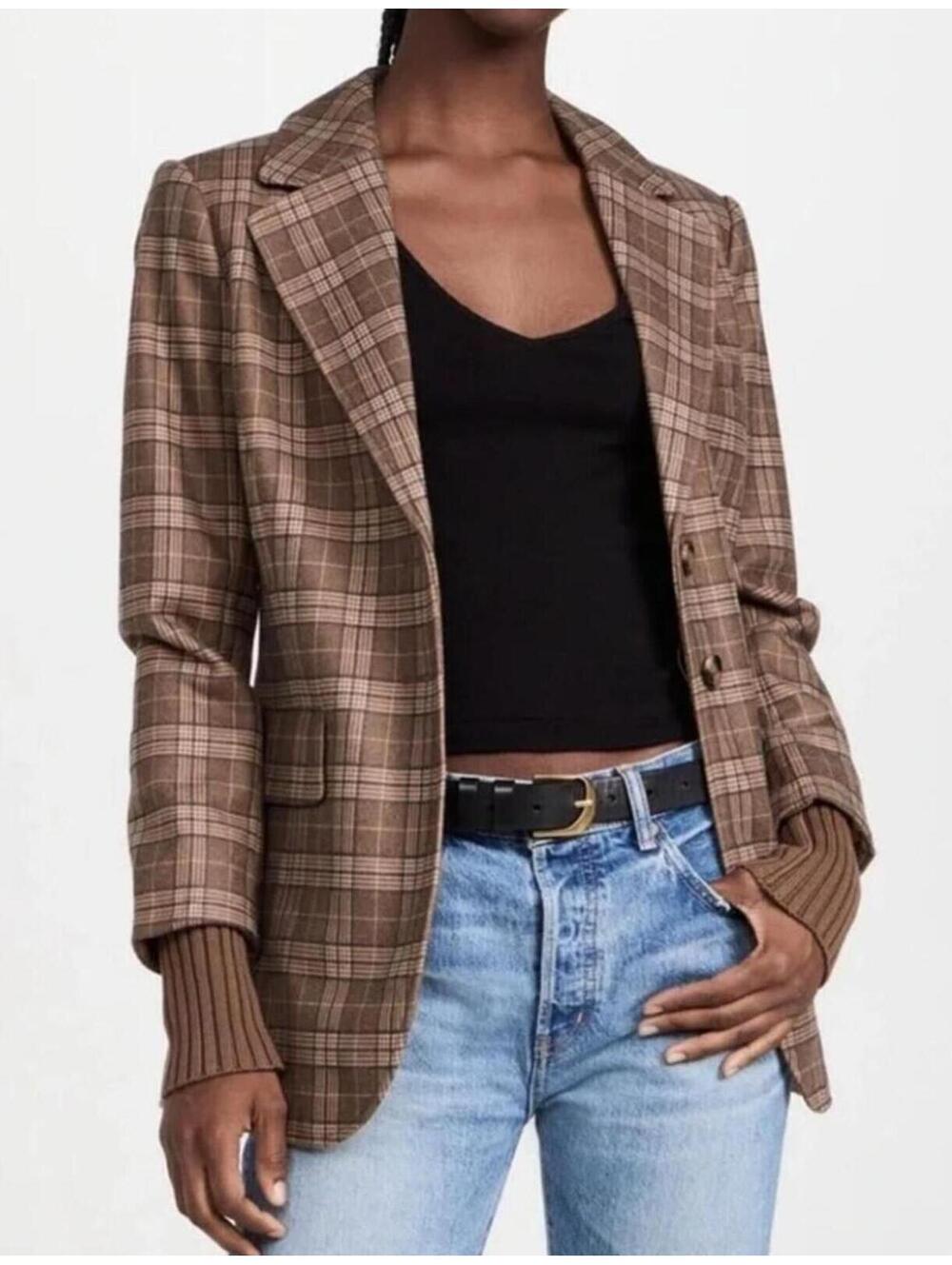 $348 NWT Favorite Daughter The City Blazer Chocolate Plaid Women's Large Jacket